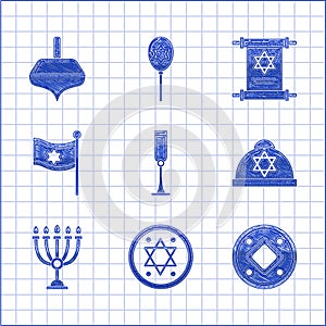 Set Jewish goblet, coin, kippah with star of david, Hanukkah menorah, Flag Israel, Torah scroll and dreidel icon. Vector