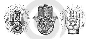 Set of Jewish Hamsa amulet or talisman, hand Miriam, hand with star of David and inscription in Hebrew of word Life