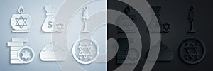 Set Jewish sweet bakery, Burning candle in candlestick, coin, money bag with star of david and icon. Vector