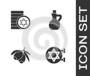 Set Jewish synagogue, coin, Olives branch and Bottle of olive oil icon. Vector