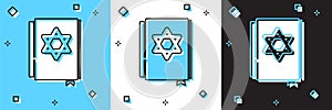 Set Jewish torah book icon isolated on blue and white, black background. Pentateuch of Moses. On the cover of the Bible