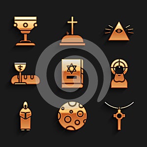 Set Jewish torah book, Moon, Christian cross chain, Jesus, Monk, First communion symbols, Masons and chalice icon