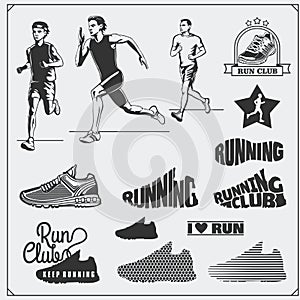 Set of jogging and running club labels, emblems, badges and design elements. Running shoes icons and silhouettes of runners.