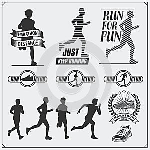 Set of jogging and running club labels, emblems and design elements. Silhouettes of runners.