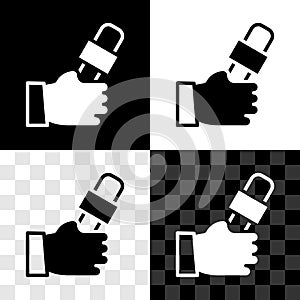 Set Journalist hand holding microphones performing interview icon isolated on black and white, transparent background