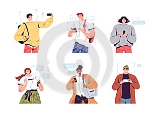 Set of joyful people with phones in their hands. Young men and women use mobile gadgets in different ways. Modern