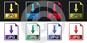 Set JPG file document icon. Download JPG button icon isolated on black and white background. Vector