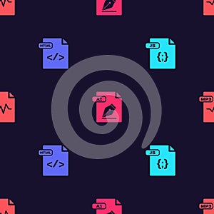Set JS file document, HTML, AI and MP3 on seamless pattern. Vector