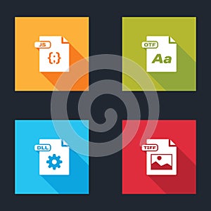 Set JS file document, OTF, DLL and TIFF icon. Vector