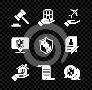 Set Judge gavel, House in hand, Plane, Document with shield, Location, and Life insurance icon. Vector