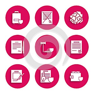 Set Judge gavel with shield, Document key, Wallet and money, Confirmed document check mark, Blank notebook pen, Contract