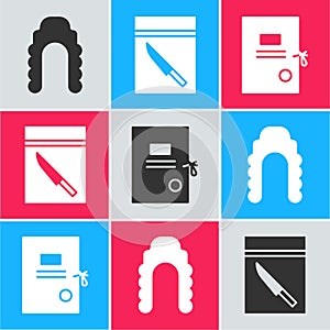 Set Judge wig, Evidence bag and knife and Lawsuit paper icon. Vector