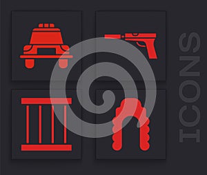 Set Judge wig, Police car and flasher, Pistol or gun with silencer and Prison window icon. Vector