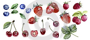 Set of juicu berries - raspberry, strawberry, cherry, blueberry and leaves. Watercolor isolated on white background