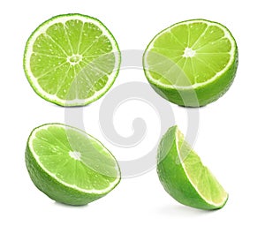Set of juicy ripe limes on background