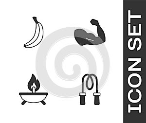 Set Jump rope, Banana, Aroma candle and Bodybuilder muscle icon. Vector