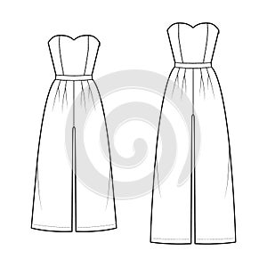 Set of jumpsuits culotte pants overall technical fashion illustration with full ankle length, high rise, double pleats photo