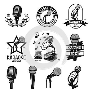 Set of karaoke related vintage labels, badges and design elements. Vector illustration.