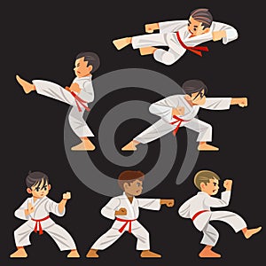 Set of karate boys characters in different positions. Character set, karate workout.