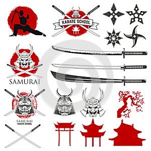 Set of karate school labels, emblems and design elements.