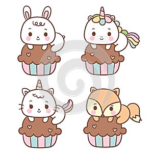 Set of Kawaii animals cartoon sweet cupcakes, rabbit Unicorn vector pony child cat kitty fox woodland, baby decoration