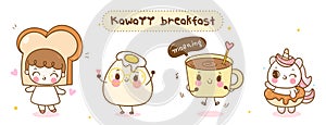 Set kawaii breakfast cartoon Bread girl egg coffee unicorn donut vector
