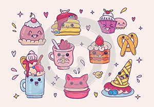 Set of kawaii dessert cartoon vector icons