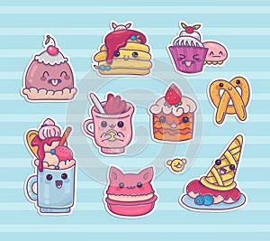 Set of kawaii dessert cartoon vector icons