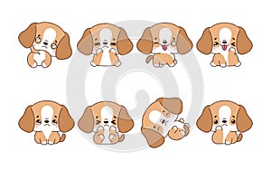 Set of Kawaii Isolated Beagle Dog. Collection of Vector Cartoon Puppy Illustrations for Stickers, Baby Shower, Coloring