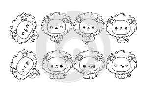 Set of Kawaii Isolated Lion Coloring Page. Collection of Cute Vector Cartoon King Animal Outline for Stickers, Baby