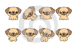 Set of Kawaii Isolated Pug Dog. Collection of Vector Cartoon Puppy Illustrations for Stickers, Baby Shower, Coloring