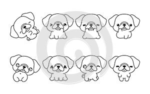 Set of Kawaii Isolated Pug Dog Coloring Page. Collection of Cute Vector Cartoon Puppy Outline for Stickers, Baby Shower