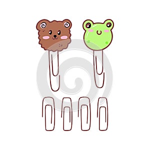 Set of kawaii paperclips with bear and frog head. Hand drawn stationery supplies doodle. Vector design illustration isolated on