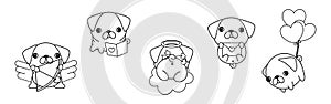 Set of Kawaii Pug Dog Coloring Page . Collection of Cute Vector Puppy Outline Illustrations.