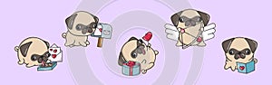 Set of Kawaii Pug Dog Illustrations. Collection of Cute Vector Isolated Puppy Illustrations.