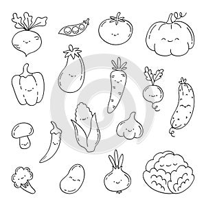 Set of kawaii smiling doodle vegetables.