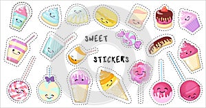 Set of kawaii sticker or patch with food - sweets or desserts, cute isolated characters on white backgriund. Donut, cake, candy,