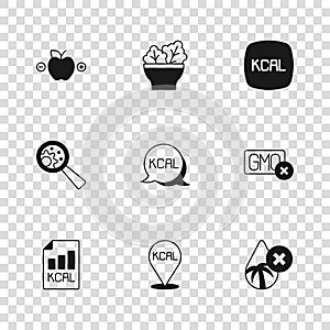 Set Kcal, No GMO, Palm oil free, Calorie calculator, Salad in bowl and icon. Vector