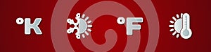 Set Kelvin, Sun and snowflake, Fahrenheit and Thermometer with sun icon. Vector