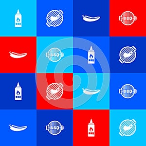 Set Ketchup bottle, Barbecue grill with steak, Hot chili pepper pod and icon. Vector