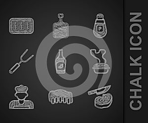 Set Ketchup bottle, Grilled pork bbq ribs, Steak meat and knife, Homemade pie, Cook, Barbecue fork, Pepper and icon