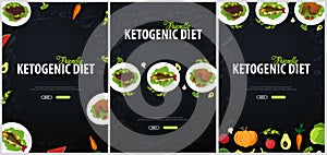 Set of Ketogenic Diet banners, Healty Keto food. Low carbs ketogenic diet food. Vector Illustration.