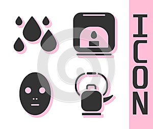 Set Kettle with handle, Water drop, Facial cosmetic mask and Aroma lamp icon. Vector