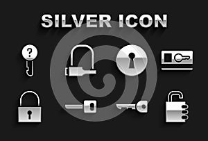 Set Key, card, Safe combination lock, Lock, Keyhole, Undefined key and Bicycle icon. Vector