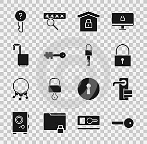 Set Key, Digital door lock, Lock, House under protection, Old key, Open padlock, Undefined and Locked icon. Vector