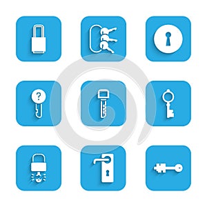 Set Key, Door handle, Old key, broke inside of padlock, Undefined, Keyhole and Lock icon. Vector photo