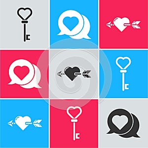 Set Key in heart shape, Heart in speech bubble and Amour with heart and arrow icon. Vector
