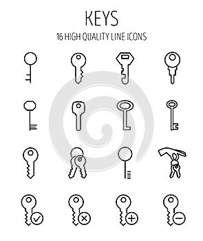 Set of key icons in modern thin line style.