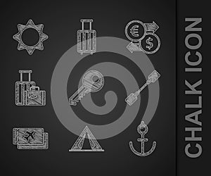 Set Key, Tourist tent, Anchor, Paddle, Airline ticket, Suitcase, Money exchange and Sun icon. Vector