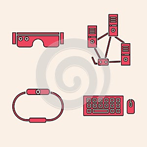 Set Keyboard and mouse, Smart glasses, Computer network and Smartwatch icon. Vector